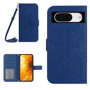 For Google Pixel 8 Skin Feel Sun Flower Embossed Flip Leather Phone Case with Lanyard(Dark Blue)