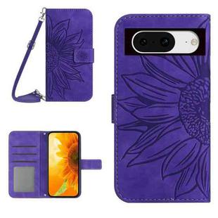 For Google Pixel 8 Skin Feel Sun Flower Embossed Flip Leather Phone Case with Lanyard(Dark Purple)