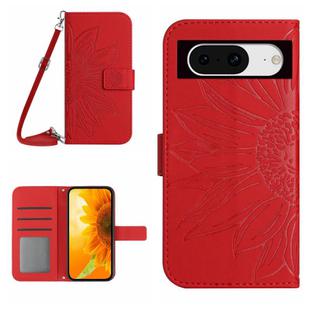 For Google Pixel 8a Skin Feel Sun Flower Embossed Flip Leather Phone Case with Lanyard(Red)