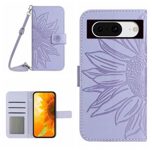 For Google Pixel 8a Skin Feel Sun Flower Embossed Flip Leather Phone Case with Lanyard(Purple)