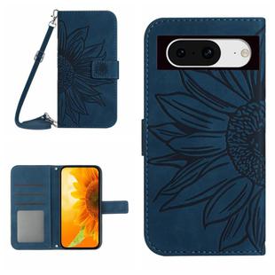 For Google Pixel 8a Skin Feel Sun Flower Embossed Flip Leather Phone Case with Lanyard(Inky Blue)