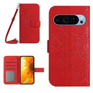 For Google Pixel 9 Pro Skin Feel Sun Flower Embossed Flip Leather Phone Case with Lanyard(Red)
