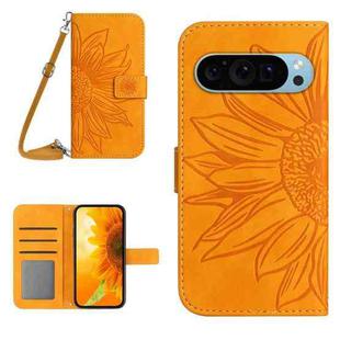 For Google Pixel 9 Pro Skin Feel Sun Flower Embossed Flip Leather Phone Case with Lanyard(Yellow)