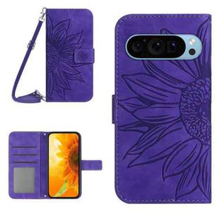 For Google Pixel 9 Pro Skin Feel Sun Flower Embossed Flip Leather Phone Case with Lanyard(Dark Purple)