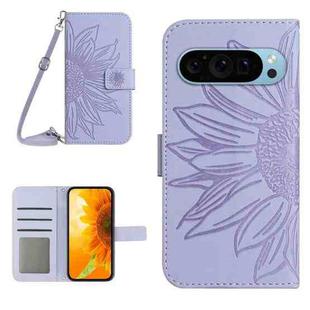 For Google Pixel 9 Pro XL Skin Feel Sun Flower Embossed Flip Leather Phone Case with Lanyard(Purple)