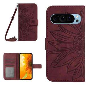 For Google Pixel 9 Pro XL Skin Feel Sun Flower Embossed Flip Leather Phone Case with Lanyard(Wine Red)