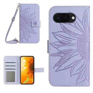 For Google Pixel 9a Skin Feel Sun Flower Embossed Flip Leather Phone Case with Lanyard(Purple)