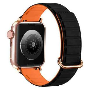 For Apple Watch Ultra 49mm Reverse Buckle Magnetic Silicone Watch Band(Rose Buckle Black Orange)