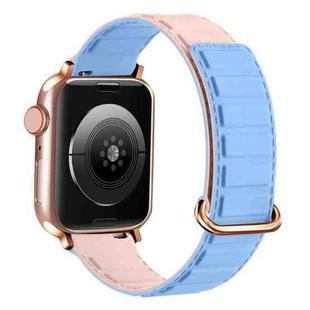 For Apple Watch 8 41mm Reverse Buckle Magnetic Silicone Watch Band(Rose Buckle Blue Pink)