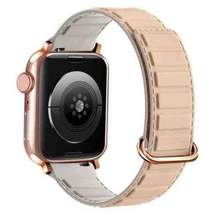 For Apple Watch 7 41mm Reverse Buckle Magnetic Silicone Watch Band(Rose Buckle Milk Grey)