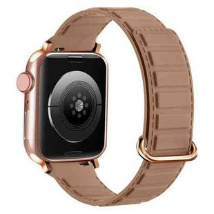 For Apple Watch SE 44mm Reverse Buckle Magnetic Silicone Watch Band(Rose Buckle Milk Apricot)