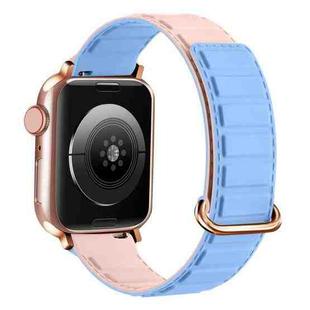 For Apple Watch 6 44mm Reverse Buckle Magnetic Silicone Watch Band(Rose Buckle Blue Pink)