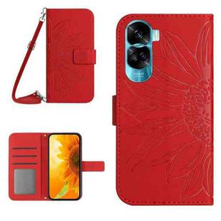 For Honor 90 Lite Skin Feel Sun Flower Pattern Leather Phone Case with Lanyard(Red)