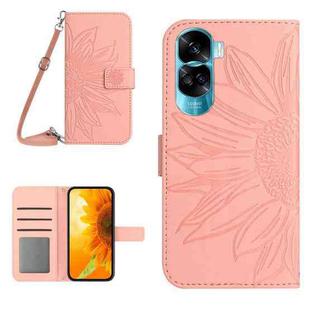 For Honor 90 Lite Skin Feel Sun Flower Pattern Leather Phone Case with Lanyard(Pink)