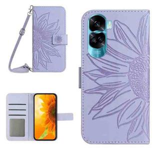 For Honor 90 Lite Skin Feel Sun Flower Pattern Leather Phone Case with Lanyard(Purple)