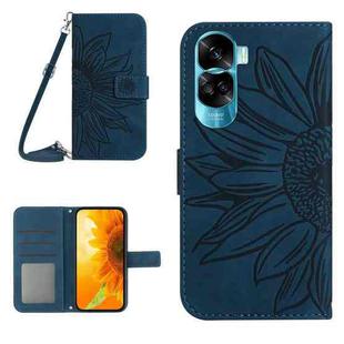 For Honor 90 Lite Skin Feel Sun Flower Pattern Leather Phone Case with Lanyard(Inky Blue)