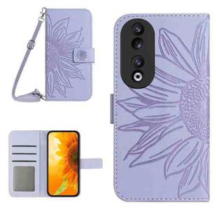 For Honor 90 Skin Feel Sun Flower Pattern Leather Phone Case with Lanyard(Purple)