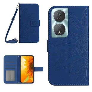 For Honor 90 Smart Skin Feel Sun Flower Pattern Leather Phone Case with Lanyard(Dark Blue)