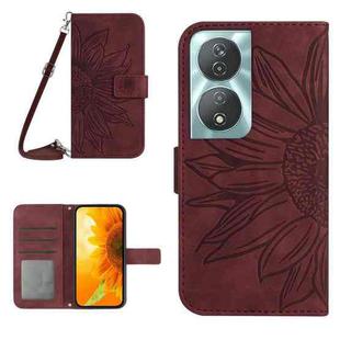 For Honor 90 Smart Skin Feel Sun Flower Pattern Leather Phone Case with Lanyard(Wine Red)