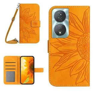 For Honor 90 Smart Skin Feel Sun Flower Pattern Leather Phone Case with Lanyard(Yellow)