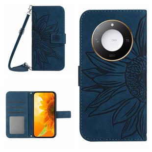 For Honor X9c Smart Skin Feel Sun Flower Pattern Leather Phone Case with Lanyard(Inky Blue)