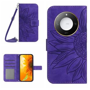 For Honor X9c Smart Skin Feel Sun Flower Pattern Leather Phone Case with Lanyard(Dark Purple)
