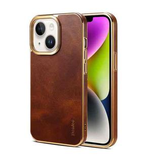 For iPhone 14 Denior Oil Wax Cowhide Plating Phone Case(Brown)