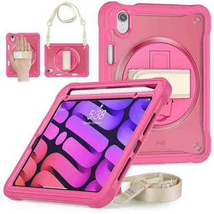 For iPad mini 6 Heavy Duty Hybrid Tablet Case with Handle & Strap(Rose Red)