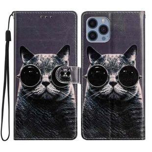 For iPhone 15 Pro Max Colored Drawing Leather Phone Case(Sunglasses Cat)