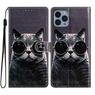 For iPhone 15 Pro Colored Drawing Leather Phone Case(Sunglasses Cat)