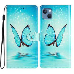 For iPhone 15 Plus Colored Drawing Leather Phone Case(Blue Butterfly)
