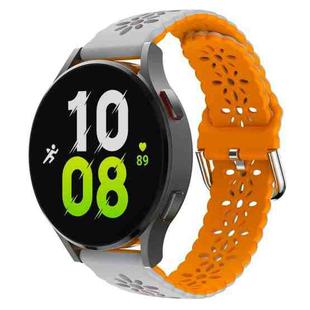 For Samsung Galaxy Watch 6 / 6 Classic Two Color Plum Blossom Hollowed Silicone Watch Band(Light Grey+Orange)