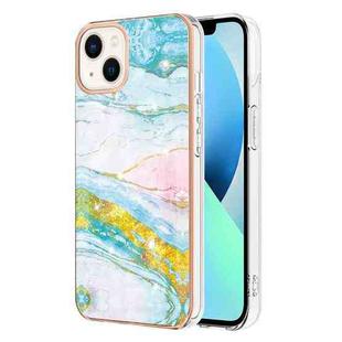 For iPhone 15 Plus Electroplating Marble Pattern Dual-side IMD TPU Shockproof Phone Case(Green 004)