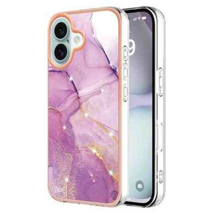 For iPhone 16 Plus Electroplating Marble Pattern Dual-side IMD TPU Shockproof Phone Case (Purple 001)