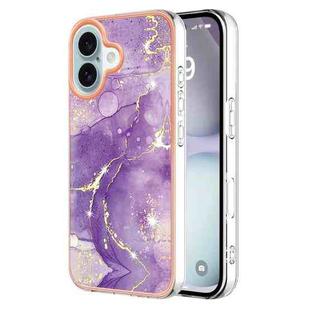 For iPhone 16 Plus Electroplating Marble Pattern Dual-side IMD TPU Shockproof Phone Case (Purple 002)