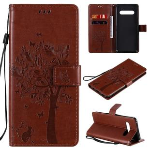 For LG V60 ThinQ 5G Tree & Cat Embossed Pattern Horizontal Flip Leather Case with Holder & Card Slots & Wallet & Lanyard(Coffee)