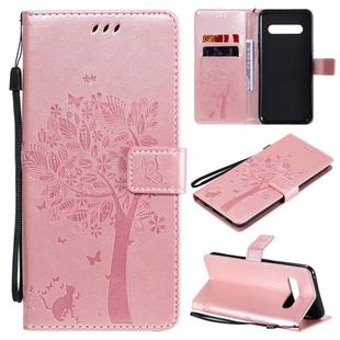 For LG V60 ThinQ 5G Tree & Cat Embossed Pattern Horizontal Flip Leather Case with Holder & Card Slots & Wallet & Lanyard(Rose Gold)