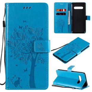 For LG V60 ThinQ 5G Tree & Cat Embossed Pattern Horizontal Flip Leather Case with Holder & Card Slots & Wallet & Lanyard(Blue)