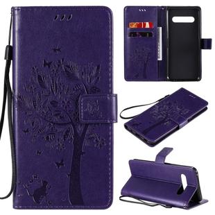 For LG V60 ThinQ 5G Tree & Cat Embossed Pattern Horizontal Flip Leather Case with Holder & Card Slots & Wallet & Lanyard(Purple)