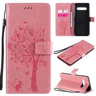 For LG V60 ThinQ 5G Tree & Cat Embossed Pattern Horizontal Flip Leather Case with Holder & Card Slots & Wallet & Lanyard(Pink)