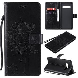 For LG V60 ThinQ 5G Tree & Cat Embossed Pattern Horizontal Flip Leather Case with Holder & Card Slots & Wallet & Lanyard(Black)