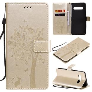 For LG V60 ThinQ 5G Tree & Cat Embossed Pattern Horizontal Flip Leather Case with Holder & Card Slots & Wallet & Lanyard(Gold)