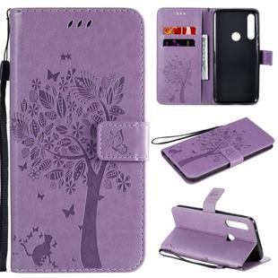 For Motorola Moto G Power Tree & Cat Embossed Pattern Horizontal Flip Leather Case with Holder & Card Slots & Wallet & Lanyard(Light Purple)