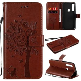 For Motorola Moto G Power Tree & Cat Embossed Pattern Horizontal Flip Leather Case with Holder & Card Slots & Wallet & Lanyard(Coffee)