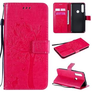 For Motorola Moto G Power Tree & Cat Embossed Pattern Horizontal Flip Leather Case with Holder & Card Slots & Wallet & Lanyard(Rose Red)