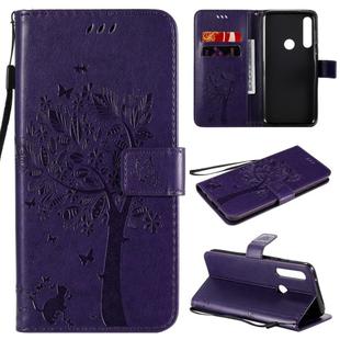 For Motorola Moto G Power Tree & Cat Embossed Pattern Horizontal Flip Leather Case with Holder & Card Slots & Wallet & Lanyard(Purple)