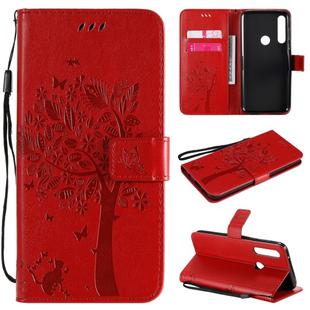 For Motorola Moto G Power Tree & Cat Embossed Pattern Horizontal Flip Leather Case with Holder & Card Slots & Wallet & Lanyard(Red)