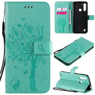 For Motorola Moto G8 Power Lite Tree & Cat Embossed Pattern Horizontal Flip Leather Case with Holder & Card Slots & Wallet & Lanyard(Green)