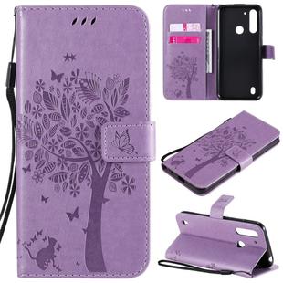 For Motorola Moto G8 Power Lite Tree & Cat Embossed Pattern Horizontal Flip Leather Case with Holder & Card Slots & Wallet & Lanyard(Light Purple)