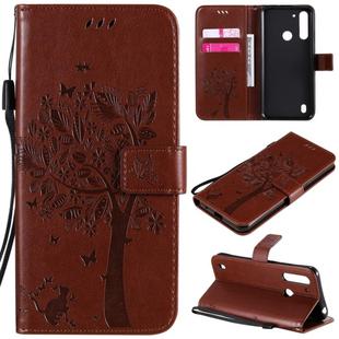 For Motorola Moto G8 Power Lite Tree & Cat Embossed Pattern Horizontal Flip Leather Case with Holder & Card Slots & Wallet & Lanyard(Coffee)